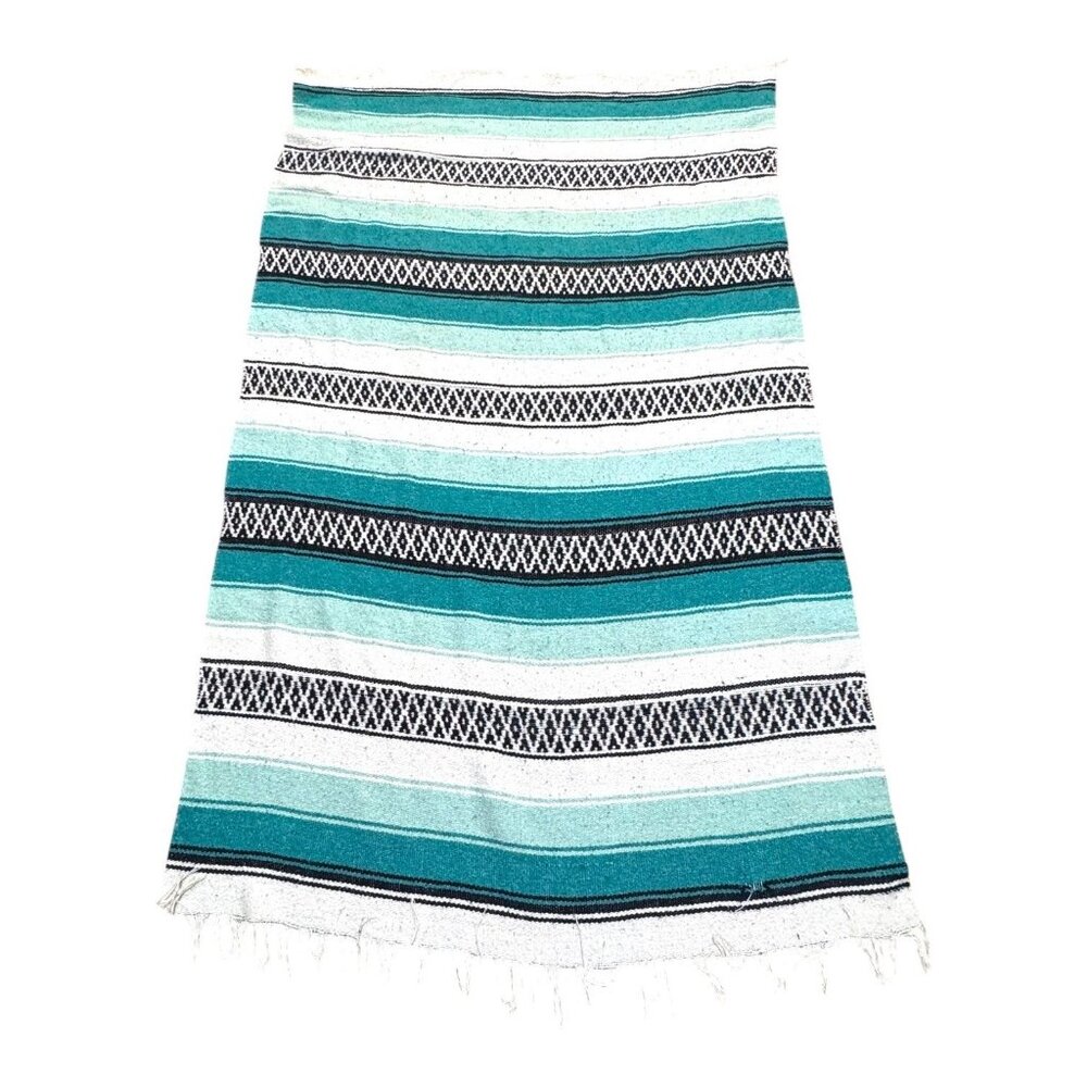 Mexican Falsa Blanket Yoga Rug Throw Blue Black Stripes Vintage 47x79 Large SEE